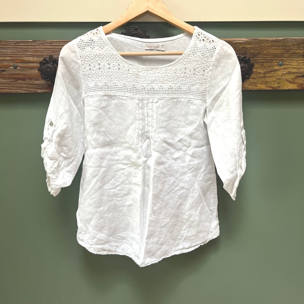 Lina Tomei Italy White Linen Eyelet Lace Pintuck 3/4 Roll Tab Sleeve Blouse S